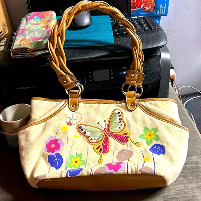 BUTTERFLY 🦋 & Flowers 💐 purse. Canvas w twisted leather handles $30.00 ...
