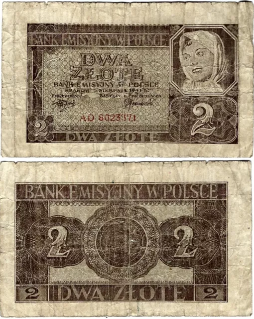 Polen Banknote 2 Złote 1941 EMISSION BANK IN POLAND ZWK-35 Ro.580 P-100