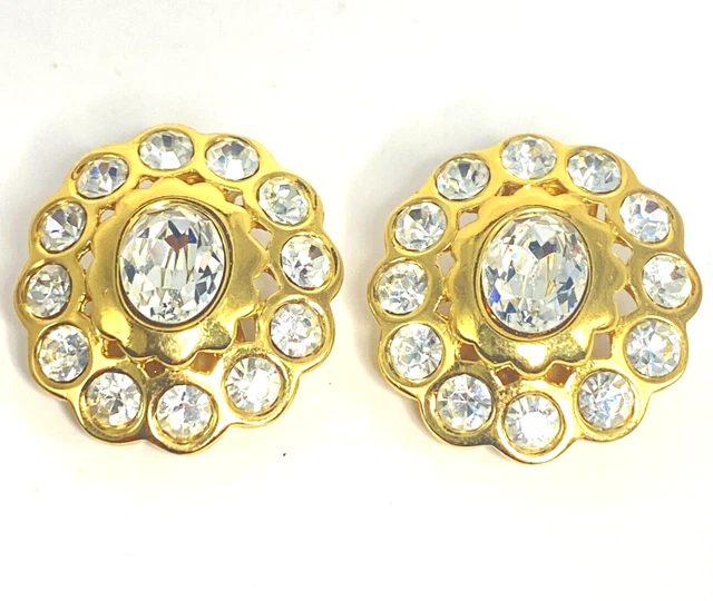 Christian DIOR Vintage Flower Crystal Earrings Dazzling Gold Tone Estate Jewelry
