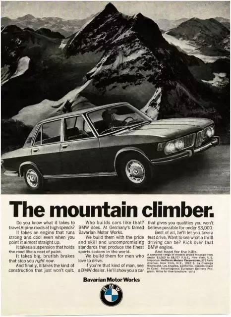 1970 BMW 2800 4-door sedan The mountain climber In the Alps Vintage Print Ad