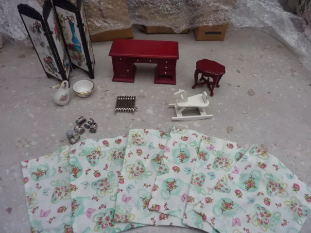 DOLLS HOUSE MINITURES 1/12th SCALE RANDOM  HOUSHOLD  ITEMS & 6 CURTAINS