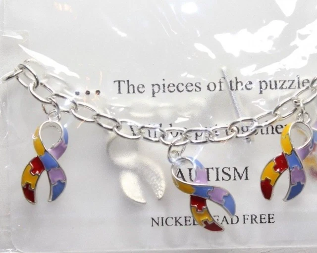 Charm Bracelet Autism Awareness Puzzle Ribbon Multi-Color Silver Color Chain