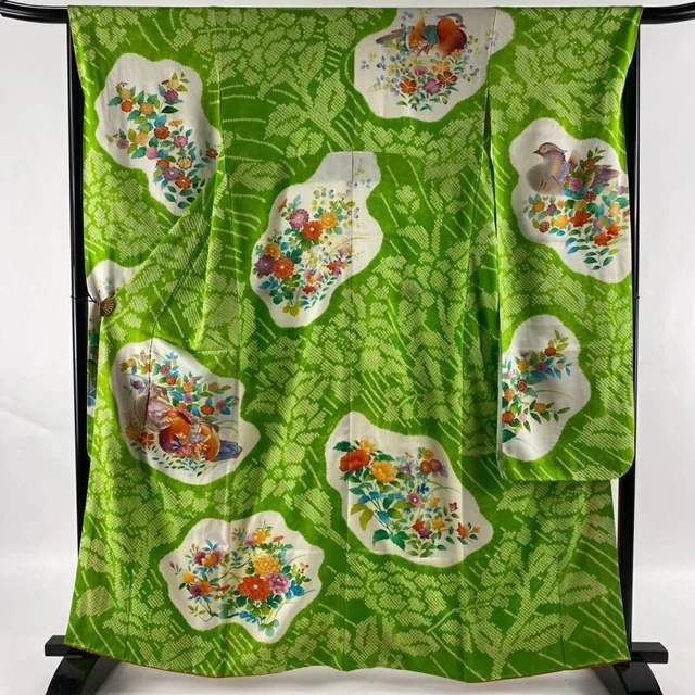 Japanese Kimono Furisode Pure Silk Mandarin Duck Flowers Gold Thread