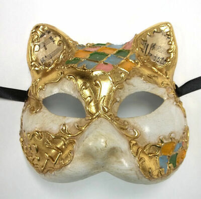 Venetian Cat Antique White Paper Mache Masquerade Mask Music Green Pink Blue