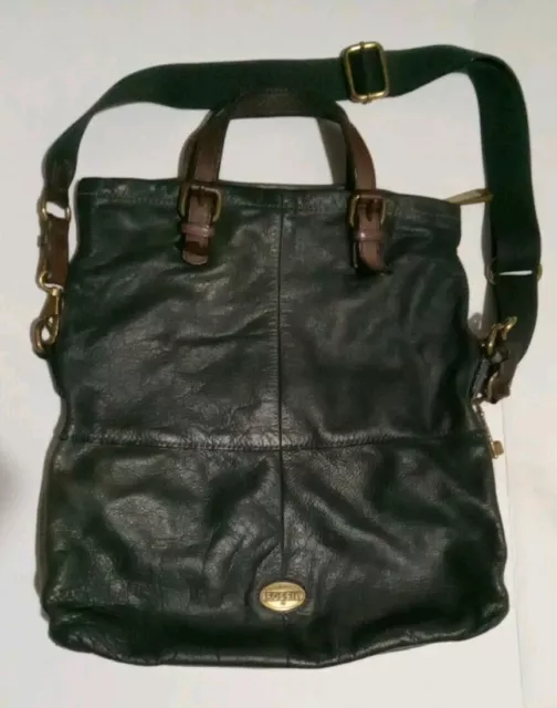 Fossil Explorer Brown/green Leather Fold Over Crossbody Hobo Tote Shoulder Bag