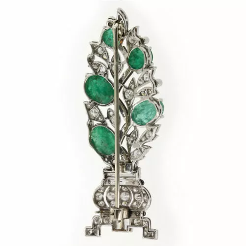 French Art Deco CZ Carved Emerald, Black Enamel Openwork Plant Brooch Pin 3