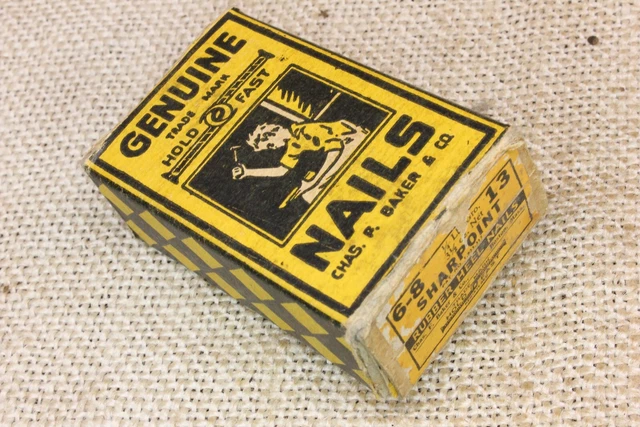 3/4” Old Shoe 25 Nails 3/16” Round Flat Headed Vintage In Yellow Sharpoint Box