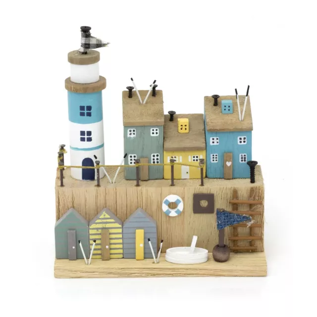 Coastal Cottages Nautical Ornament | Wooden Seaside Scene Lighthouse Decoration