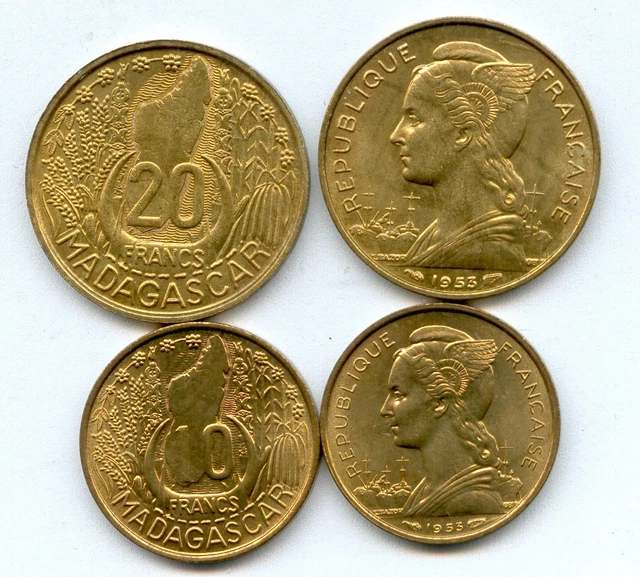MADAGASCAR 10 & 20 Francs 1953 monnaies neuves issues de rouleaux