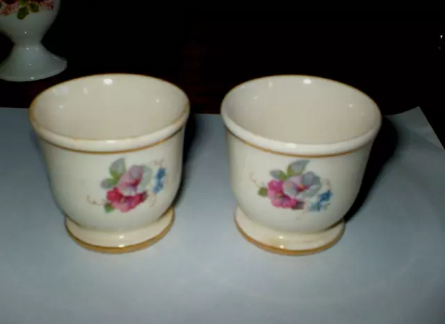 Vintage  - Pair  Pretty  Floral  Ceramic Egg Cups - Gilt Detail To Rims