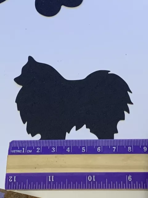 10 X Tarjeta de silueta troquelada negra de Pomerania, decoración de mesa de fiesta invitación perro