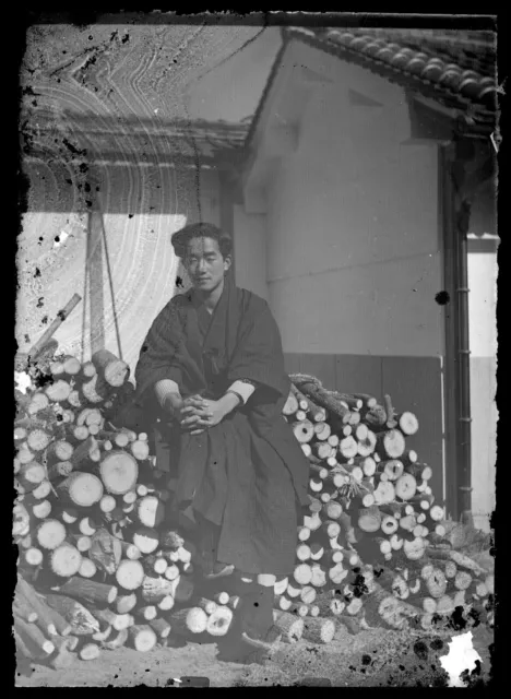 Antique Glass Negative / Young Man on Wood Pile / Japanese / c. 1930s