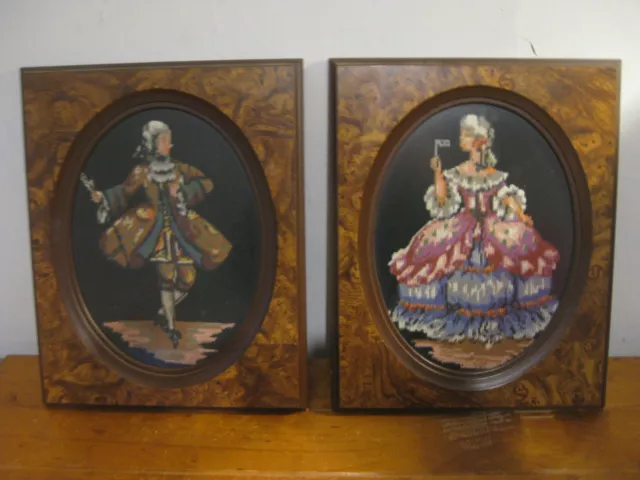 Pair Retro Textile Framed Art-n18th Century French Gentleman & Lady Hooped Skirt