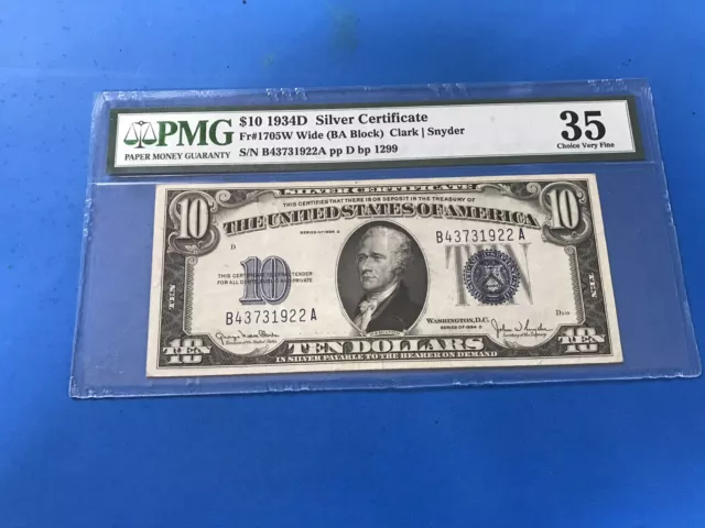 1934 D Blue Seal $10 Ten Dollar Silver Certificate PMG 35... Lot #23