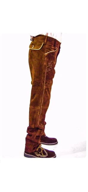 *Nuovi* pantaloni tradizionali in pelle bovini lunghi pelle velluto ricamo marrone chiaro taglia 52 2