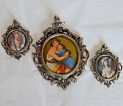 Set of 3 ORNATE Cast Brass OVAL FRAME Baroque LADY PRINTED FABRIC PADDED Picture