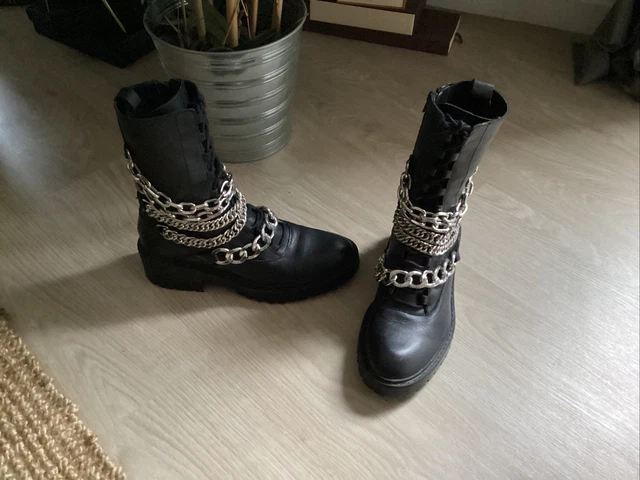 Bottines Zara En Cuir Noir Avec Revers Textile Coloré - Taille 36, Talon 2-7 Cm - Occasion Très Bon état