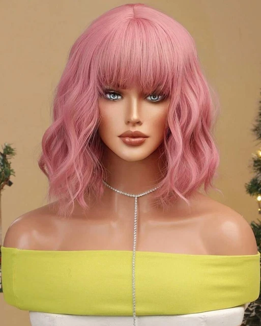 Perruque Rose Courte Synthétique - Frange Carré Lisse - Bonnet Moyen +4 - Idée Déguisement Ou Look Fun