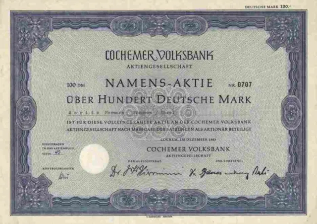 Cochemer Volksbank AG 1953 Cochem Eifel Wittlich Bernkastel Kues 100 DM Koblenz