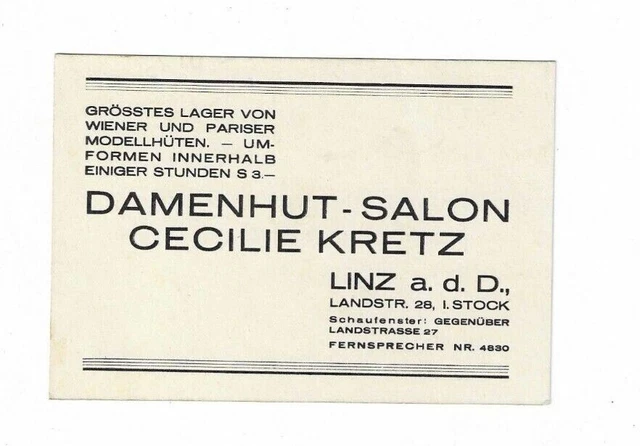NR, 45560 Werbe Karte Linz a.d.D. Damenhut Salon C. Kretz  um 1930 6,5 x 12,5 cm