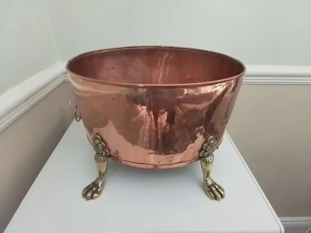 Antique Copper Planter Coal Bucket On 4 Brass Paw Feet, Lion Head Handles