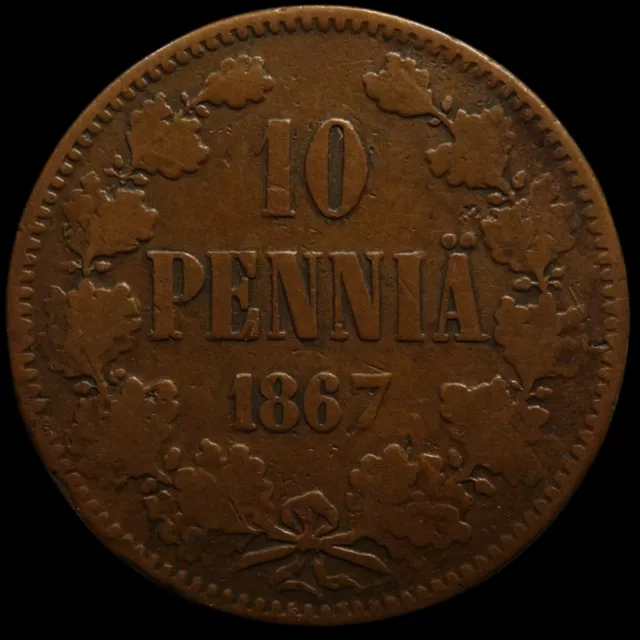 10 Penni 1867 Finland Russia Empire Bigger Copper coin Alexander II Scarce Date