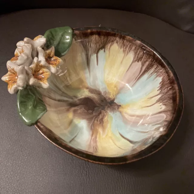 Vintage Hand Made in Austria Drip Glaze Majolica Pottery Bowl Dish White Flowers