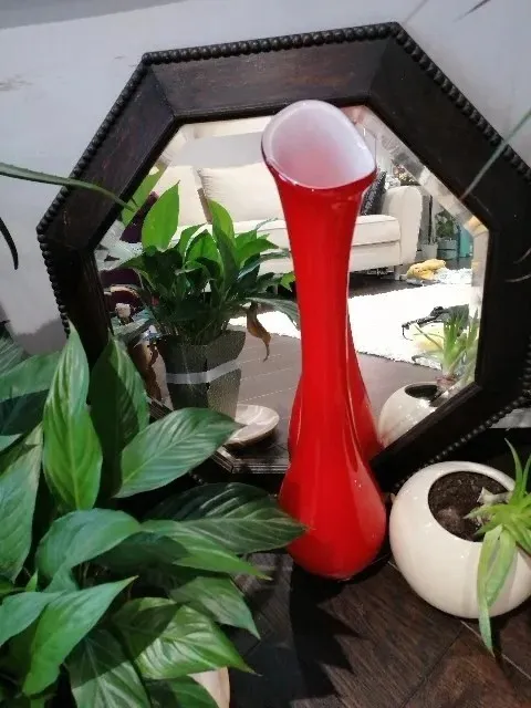 Vintage Mikasa Vase Art Glass Red and White Swirl Vase 17.5" tall