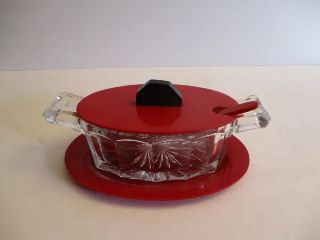 Art-Deco 1930's Red Bakelite & Depression Glass Christmas 4 pc Sugar Bowl Sweet!