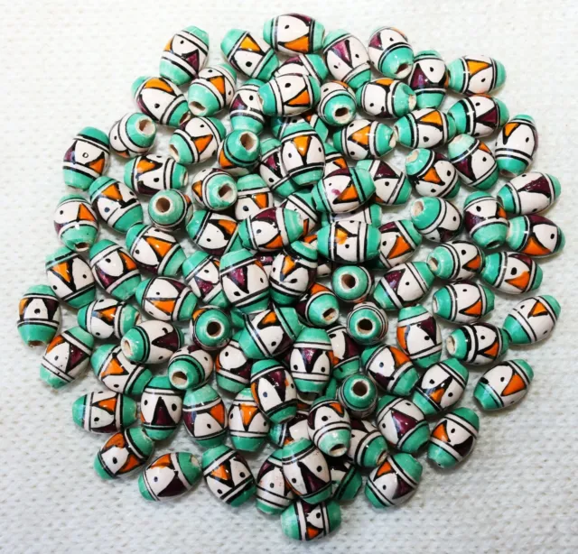30 Keramik Perlen Peru, 14 mm, grün lila oval Inka Muster, Schmuck Basteln Perle