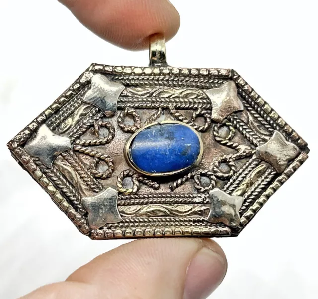 Vintage Middle Eastern Pendant With Stone Islamic Artwork Jewelry Old Asian Blue