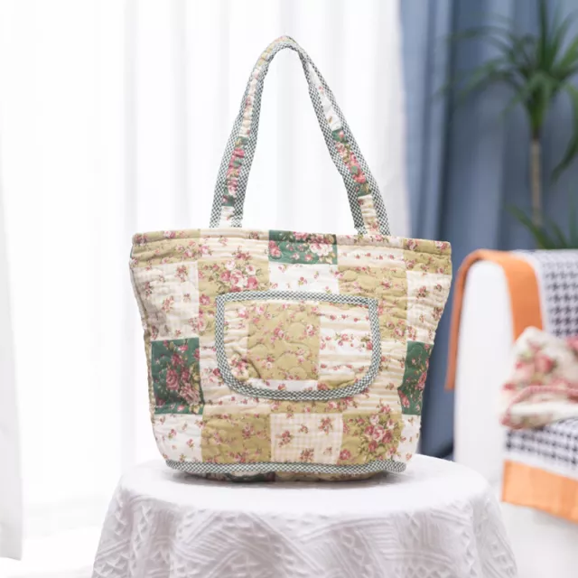 AgainCountry Rose Green Patch Gingham Cotton Quilted Zipper Pocket Tote Hand Bag