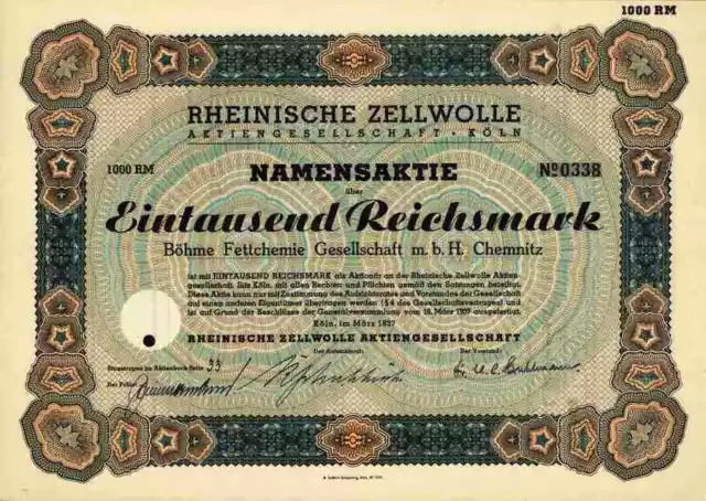 Rheinische Zellwolle AG 1937 Siegburg Köln 1000 RM Böhme Fettchemie Chemnitz