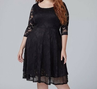 LANE BRYANT WOMEN'S BLACK FIT & FLARE LACE LINED DRESS W/ MESH PLUS Sz 20