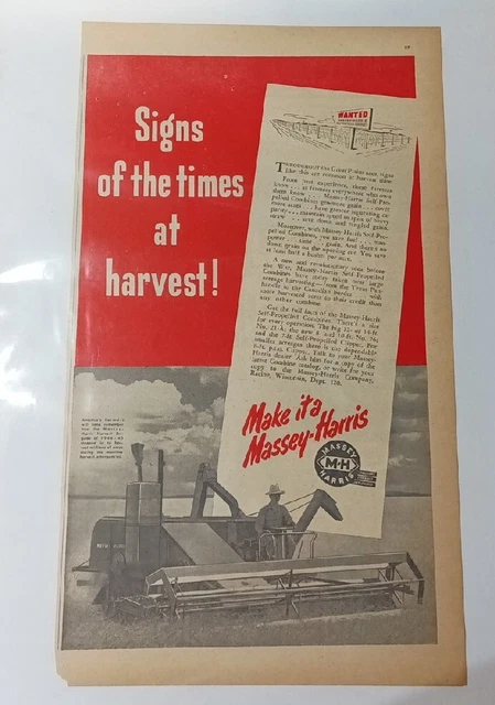 Vintage Massey-Harris Tractor Advertisement Signs of times at harvest 45 Wartime