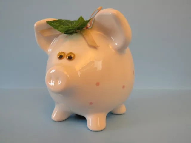 Vintage Ceramic Pig Coin Piggy Bank Adorned with Ivy & Pink Bow 4 ½ “