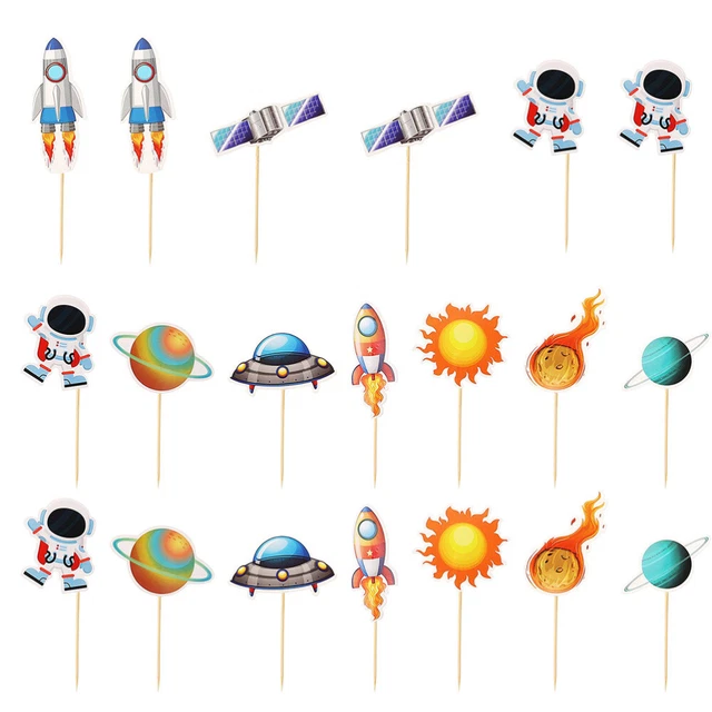 Topper Per Torta A Tema Spazio - 9 Pezzi, Astronauta, Pianeti, Razzo, Per Compleanni - Foto 3