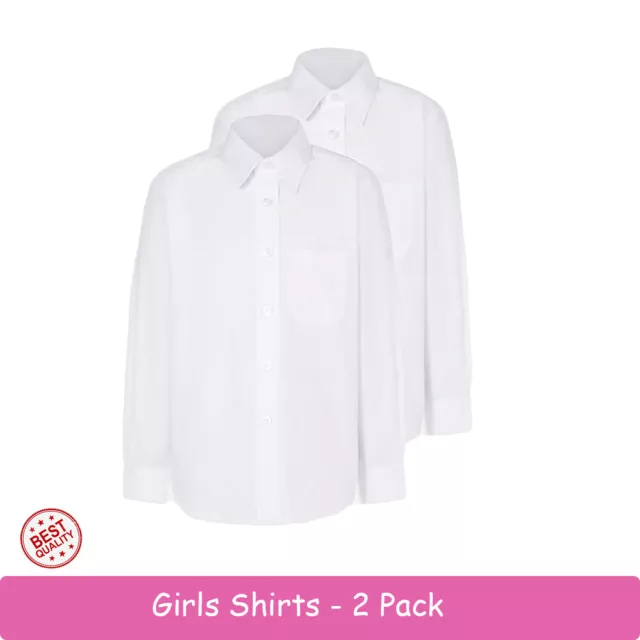 Girls 2 Pack Long Sleeve Shirts Blouse Stay White Age 7 to 18 School Uniform