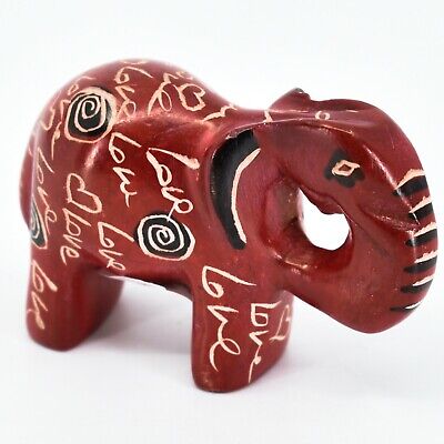 Hand Carved Kisii Soapstone Red "LOVE" Etched Elephant Mini Figurine Made Kenya