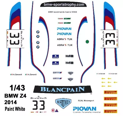 #33 Alex Zanardi BMW Z4 2014 1/43rd Scale Slot Car Waterslide Decals