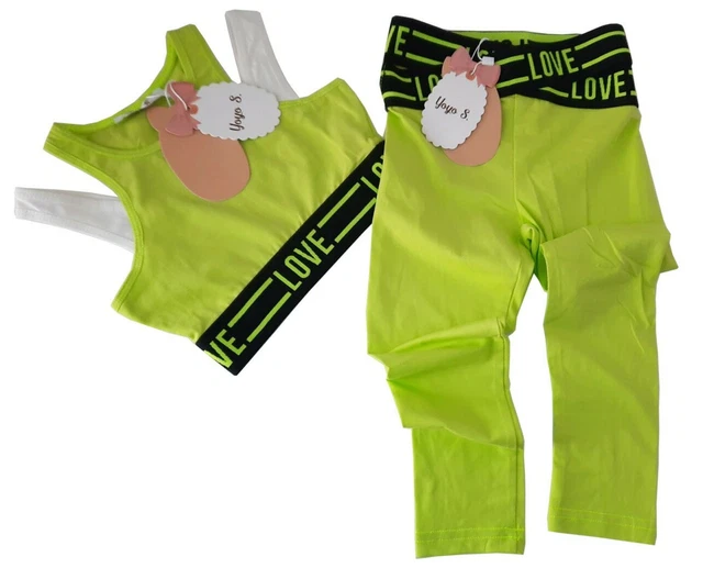 Girls Kids Summer Love Crop Neon Leggings Lounge Wear Girls Outfits Sportswear