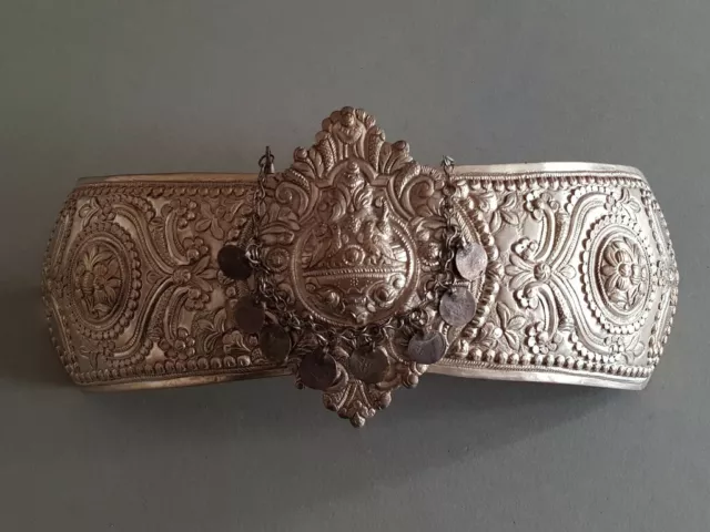 ANTIQUE 1907 Ottoman jewelry Hand forged engraved silver alloy large belt buckle