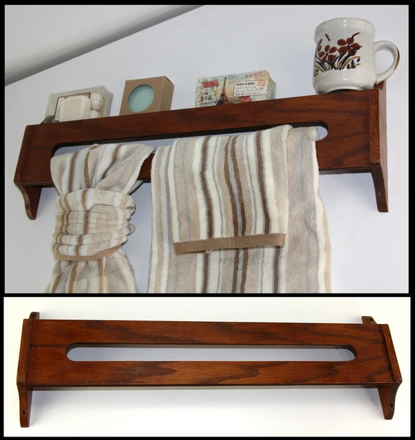 Antique 24" Solid Oak Bathroom Towel Bar Wall Rack Soap Book Shelf Oval Cutout