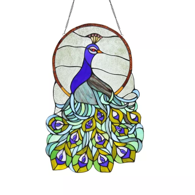 Stained Glass Peacock Window Panel Handcrafted Tiffany Style 15 x 24 Suncatcher