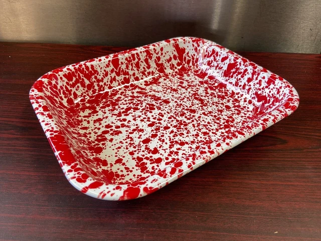 NEW 11" x 9" Red/White Splatter Small Open Roaster 1.5 Qt Porcelain Enamel #8993