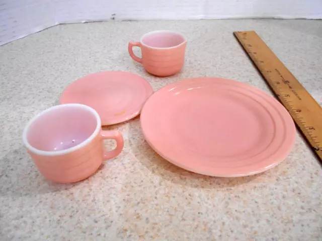 Vintage Hazel Atlas Children's Dish Creamer Plates Cup Milk Glass Color Pink