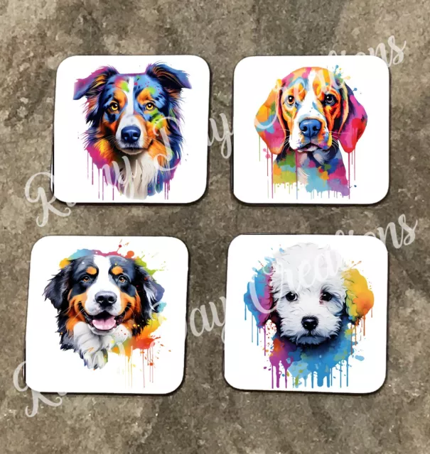 Drip Painted Dog Design Wooden Coasters - 43 different breeds