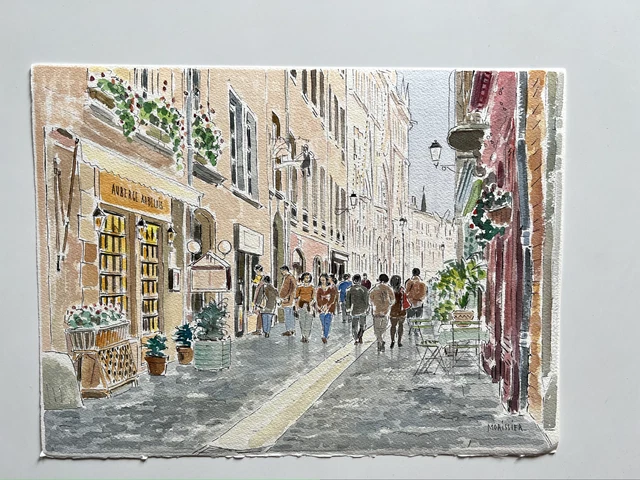 Aquarelle Originale Signée Morissier - Place Bellecour à Lyon - 53x40 Cm - Période Contemporaine