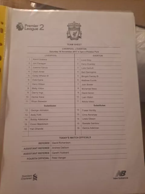 Liverpool v Everton Premier League 2 - 18th November 2017 Teamsheet