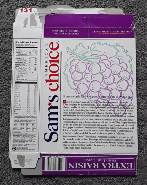 VINTAGE 1993 SAM'S Choice Raisin Bran Cereal Box Empty $7.50 - PicClick